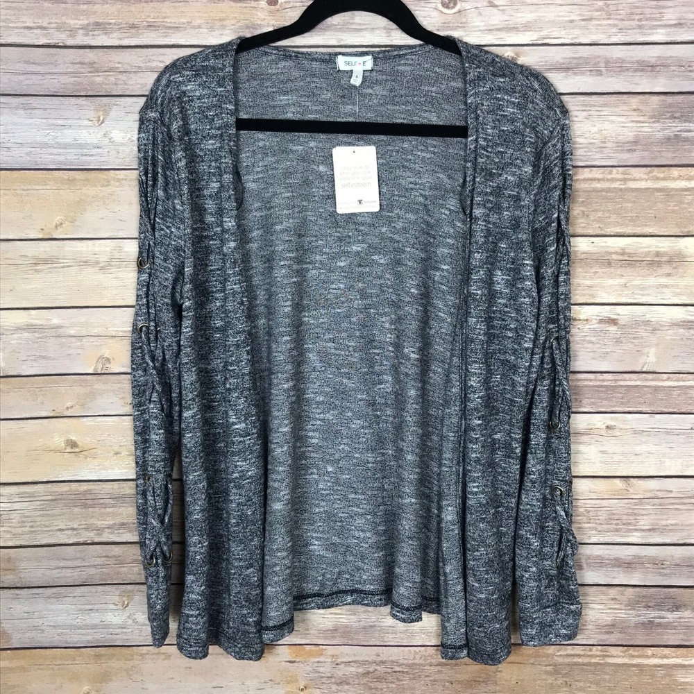 Self E Cardigan Juniors Small Gray Marl Knit Lace Up Sleeve Open Front Sweater
